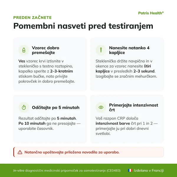 Pomembni nasveti pred uporabo testa Patris Health Test za CRP