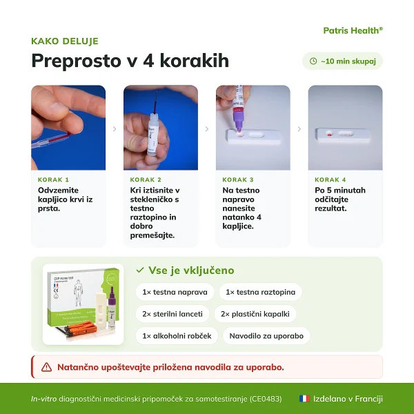 Navodila za uporabo Patris Health Test za CRP v 4 korakih