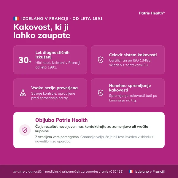 Kakovostne značilnosti Patris Health Krvnega testa nosečnosti, izdelanega v Franciji