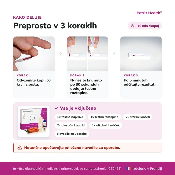 Navodila za uporabo Patris Health Krvnega testa nosečnosti v treh korakih