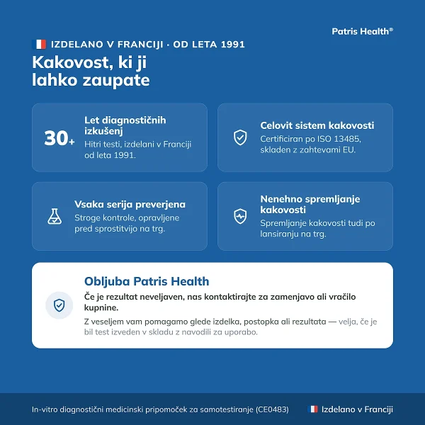 Informacije o kakovosti Patris Health samotesta za streptokok A