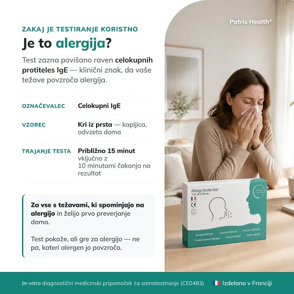 Predstavitev testa Patris Health Test alergije z informacijami o namenu, markerju, vzorcu in času testiranja