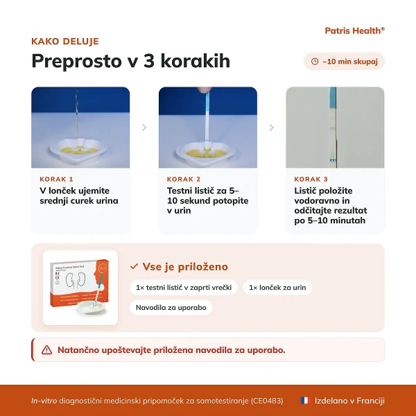 Navodila za uporabo Patris Health Test delovanja ledvic v 3 korakih