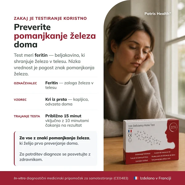 Predstavitev Patris Health Testa pomanjkanja železa z informacijami o feritinu, vzorcu in času testiranja