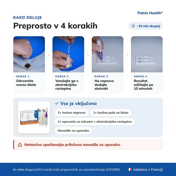 Navodila za uporabo Patris Health Test za Rotavirus in Adenovirus v 4 korakih
