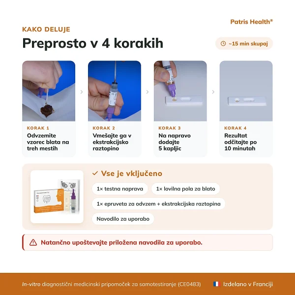 Navodila za uporabo Patris Health Test Kalprotektina v 4 korakih