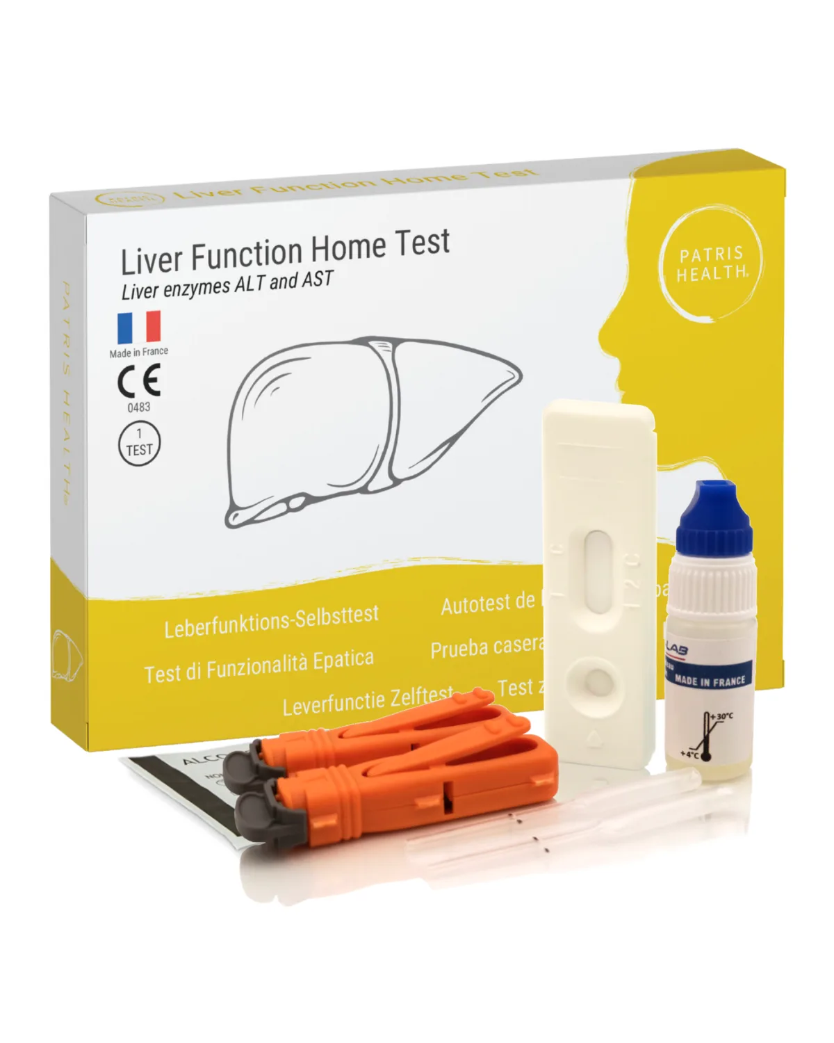 Test za jetra (ALT in AST) Patris Health: škatlica in vsebina kompleta