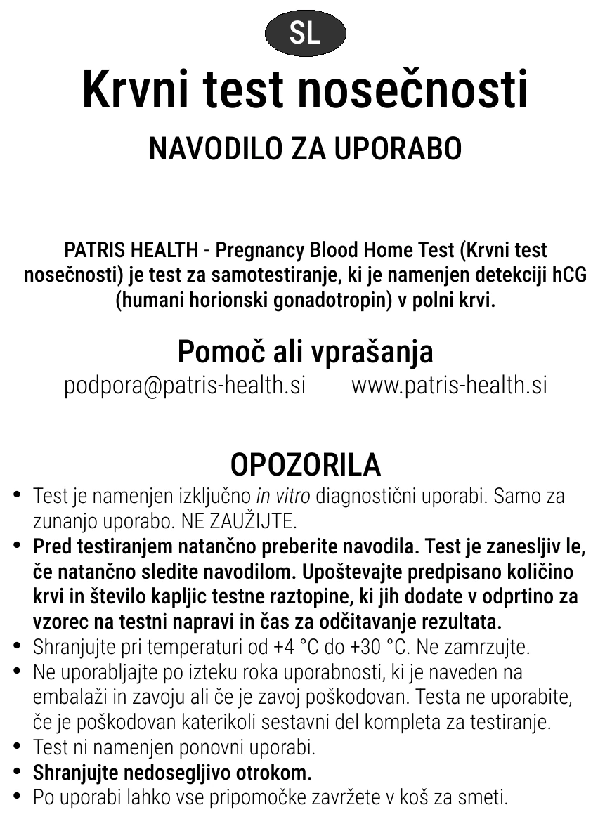 Navodilo za uporabo krvnega testa nosečnosti Patris Health – opozorila