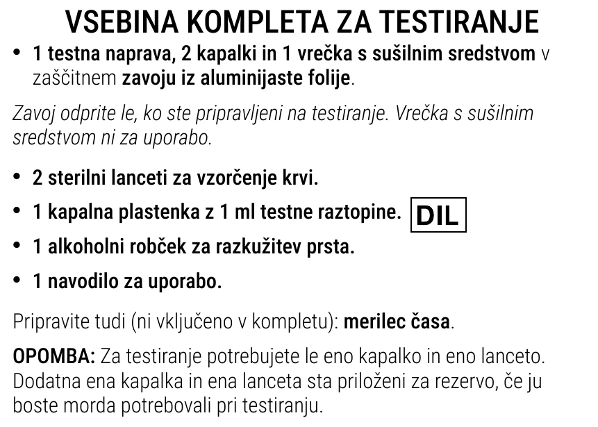 Navodilo za uporabo krvnega testa nosečnosti Patris Health – vsebina kompleta za testiranje