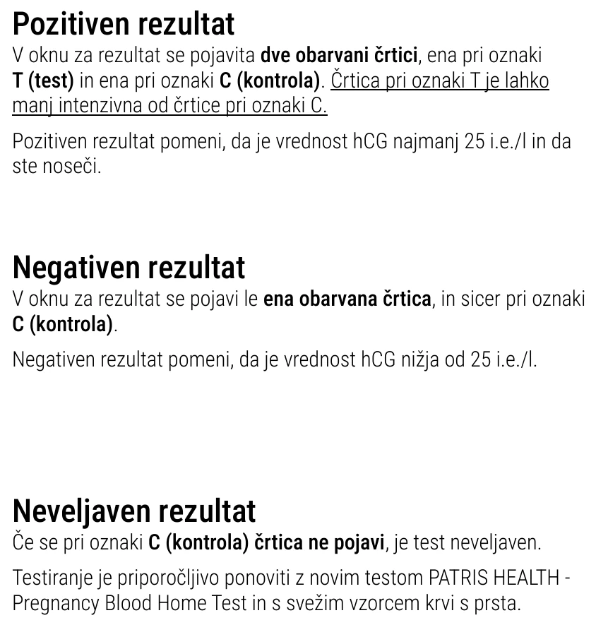 Navodilo za uporabo krvnega testa nosečnosti Patris Health – odčitavanje rezultata