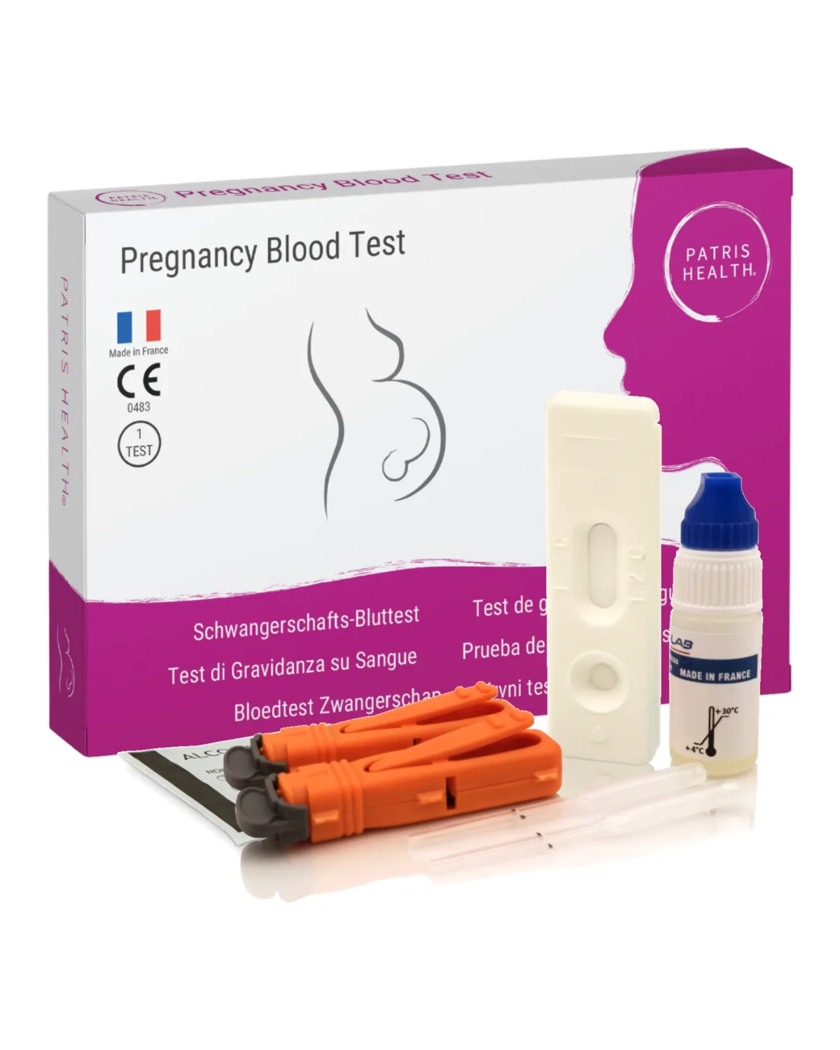Krvni test nosečnosti Patris Health: škatlica in vsebina kompleta